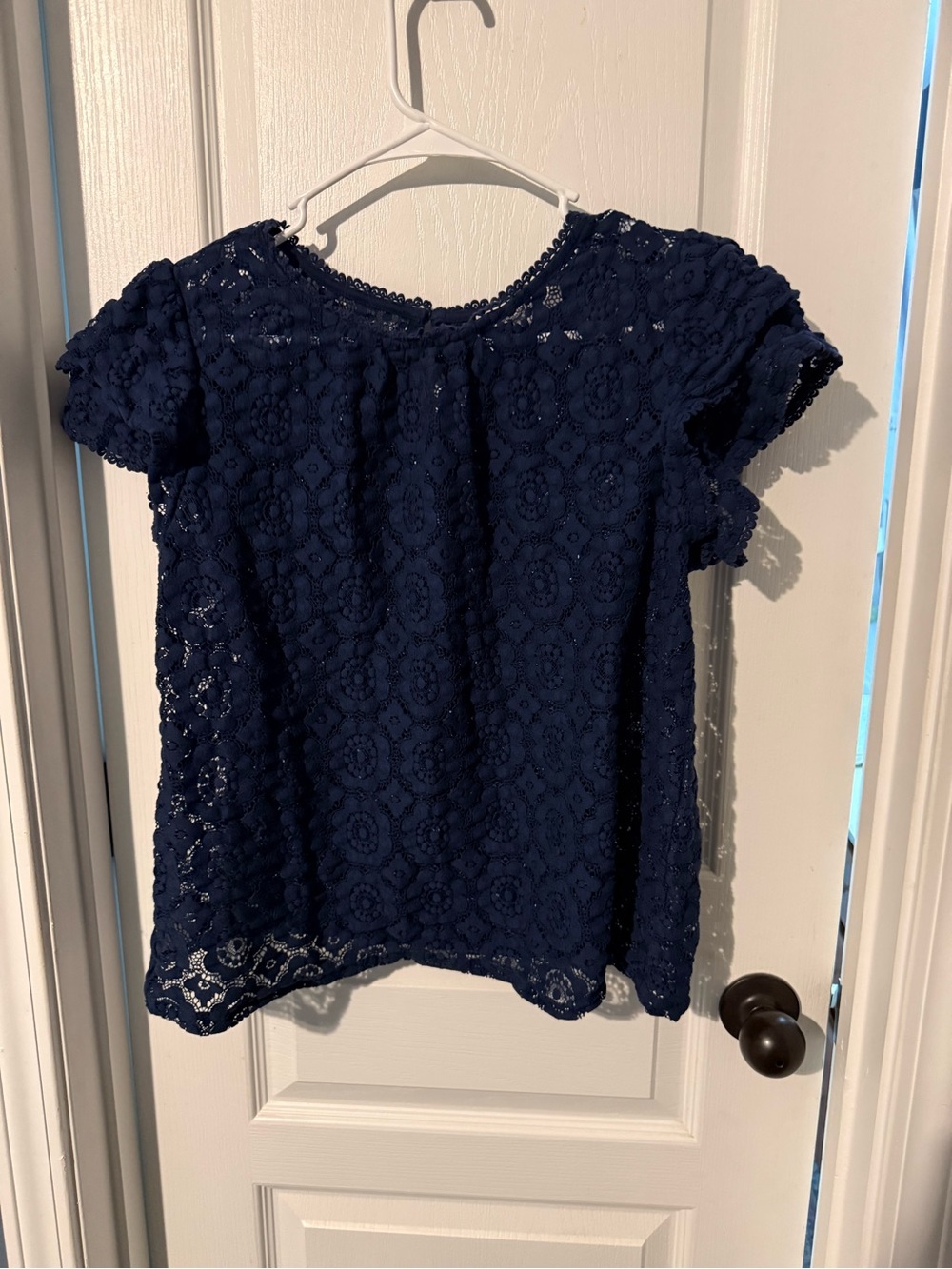 LOFT Navy Floral Lace Short Sleeve Blouse